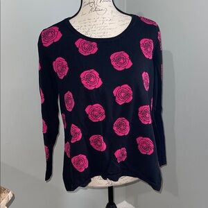 Joan Vass Black Sweater with Hot Pink Rose Pattern ( Size Large/2)